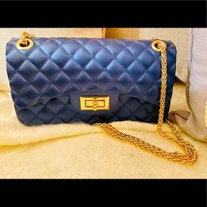 Navy blue satchel gold chain purse